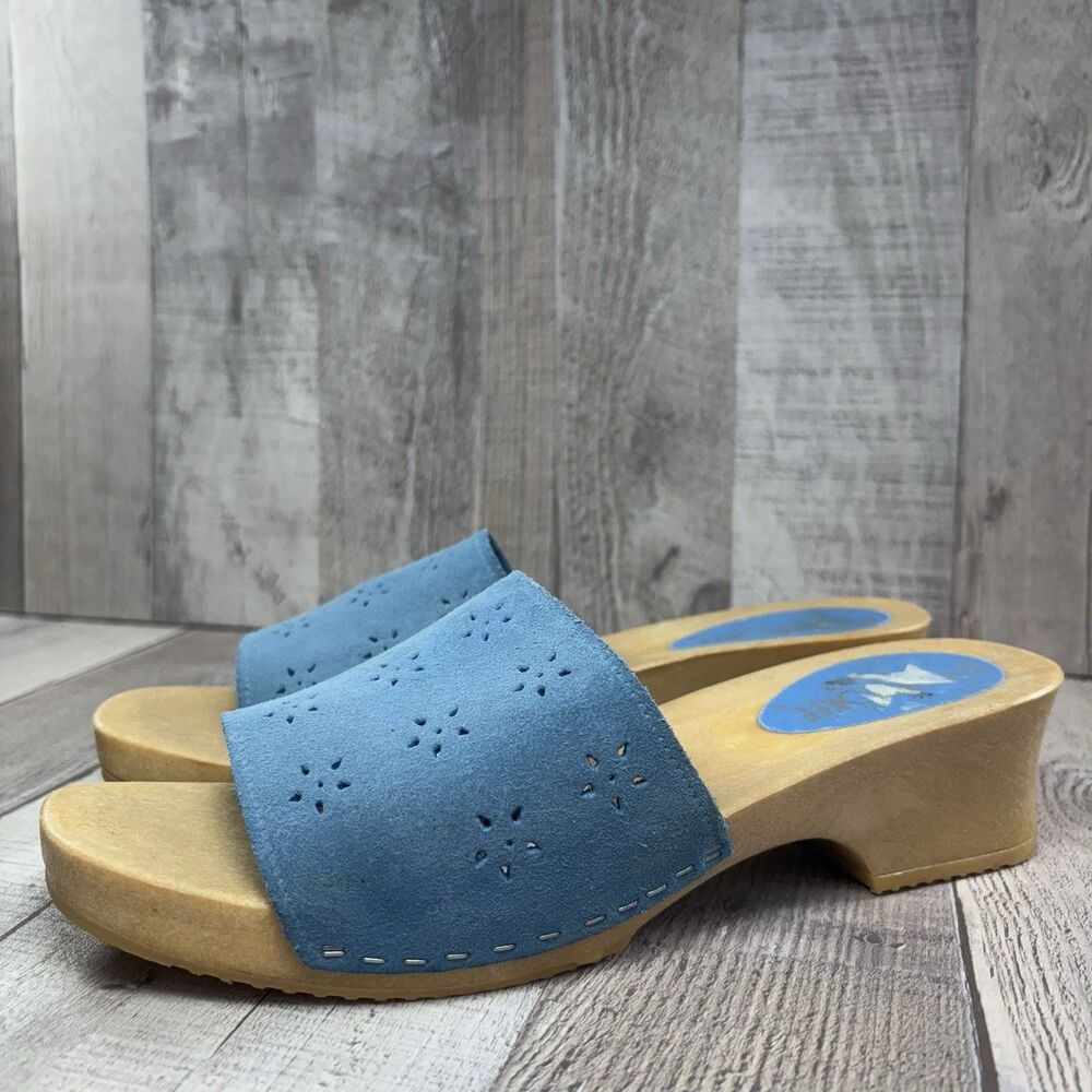 Cherokee Vintage 90s Women's Size 8 Slide Sandals Suede Leather Wooden Sole Blue